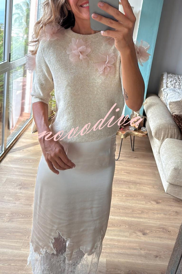 Alboran Knit Organza Flowers Detail Short Sleeve Loose Sweater