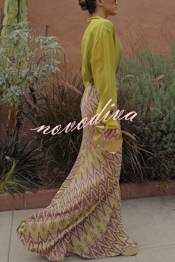Moonlit Waltz Knit Jacquard Zigzag Print High Rise Stretch Flare Maxi Skirt