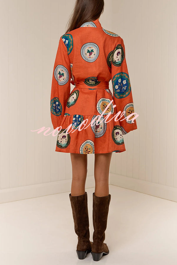 Linen Blend Unique Print Tie Waist Loose Mini Dress