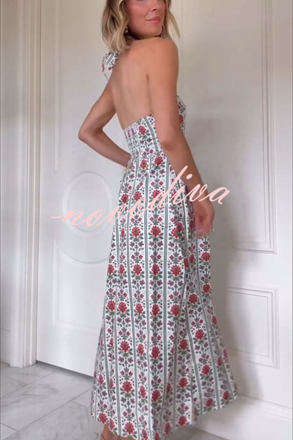 Summer Event Linen Blend Floral Pocketed Halter Maxi Dress