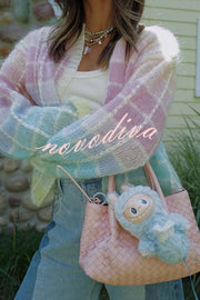 Palette Day Knit Color Blocks Open Front Balloon Sleeve Loose Cardigan