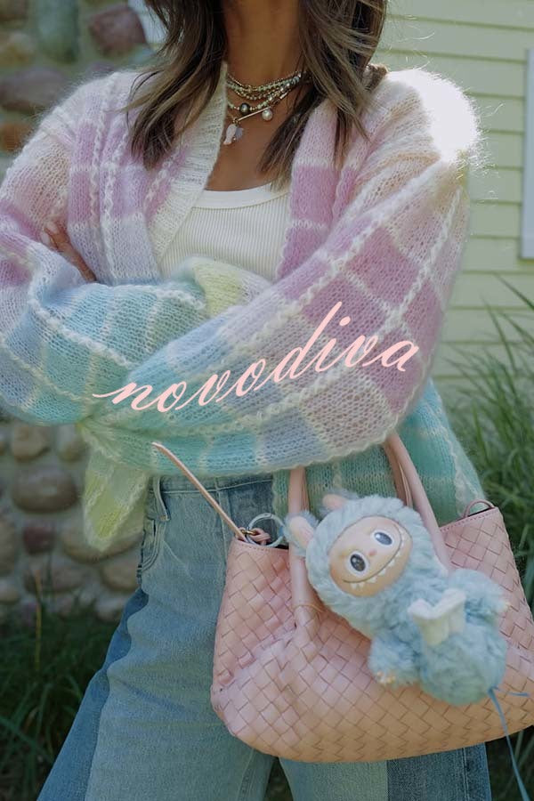 Palette Day Knit Color Blocks Open Front Balloon Sleeve Loose Cardigan