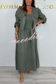 Solid Color Casual Short Jacket and Suspender Pleated Maxi Dress Set