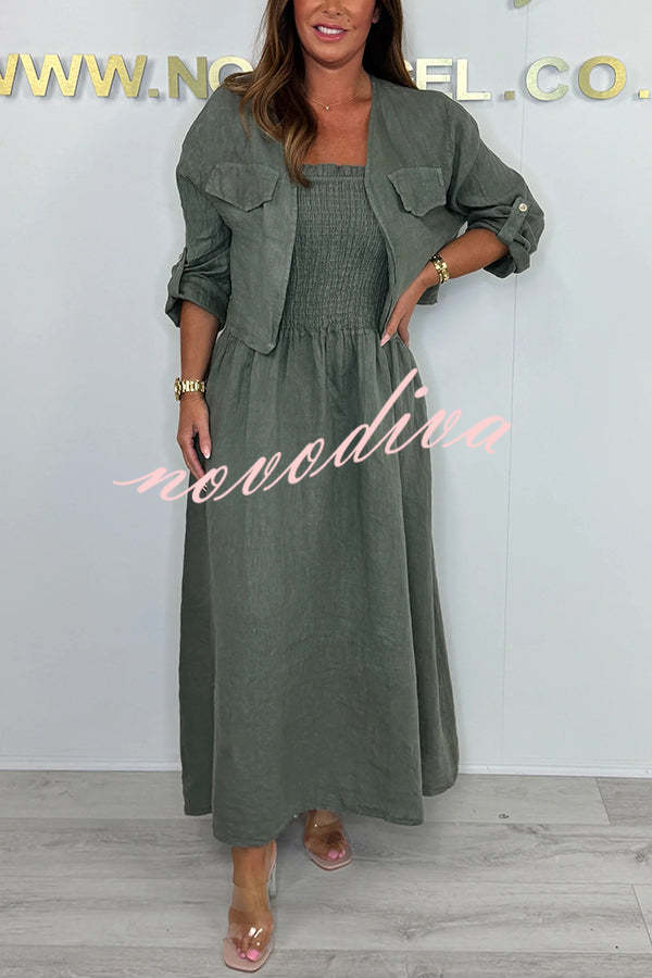 Solid Color Casual Short Jacket and Suspender Pleated Maxi Dress Set