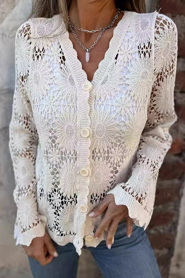 Fashion Hollow Lace Casual Long Sleeve Cardigan