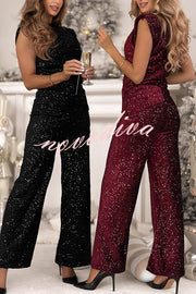 Stylish Sparkly Velvet Sequin Sleeveless Pleated Top and Casual Wide-leg Pants Set
