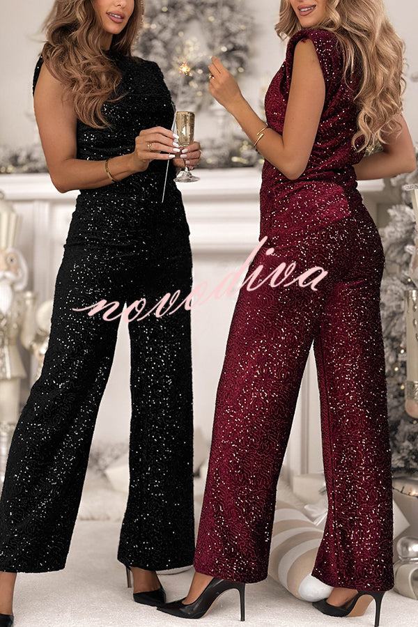 Stylish Sparkly Velvet Sequin Sleeveless Pleated Top and Casual Wide-leg Pants Set