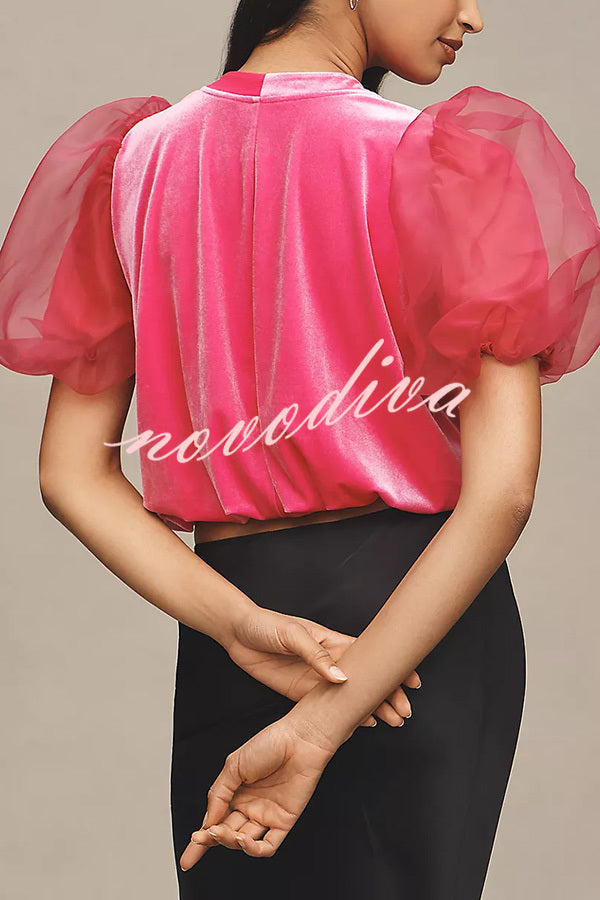 Blissful Smile Velvet Tulle Puff Sleeve Loose Blouse