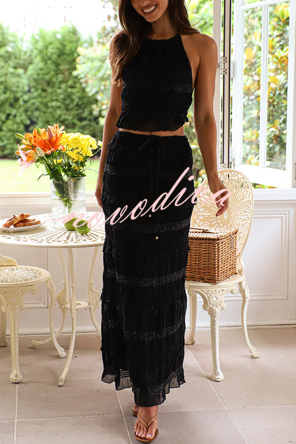 Feel Chic and Romantic Sequin Textured Material Back Elastic Halter Tie Tank