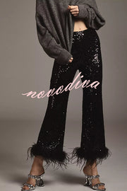 New Year Eve Sequin Feather Trim High Rise Back Zipper Flare Pants