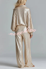 Glamorous Day Sequin Half Zip Loose Shirt and Elastic Waist Pocket Wide Leg Pants Set