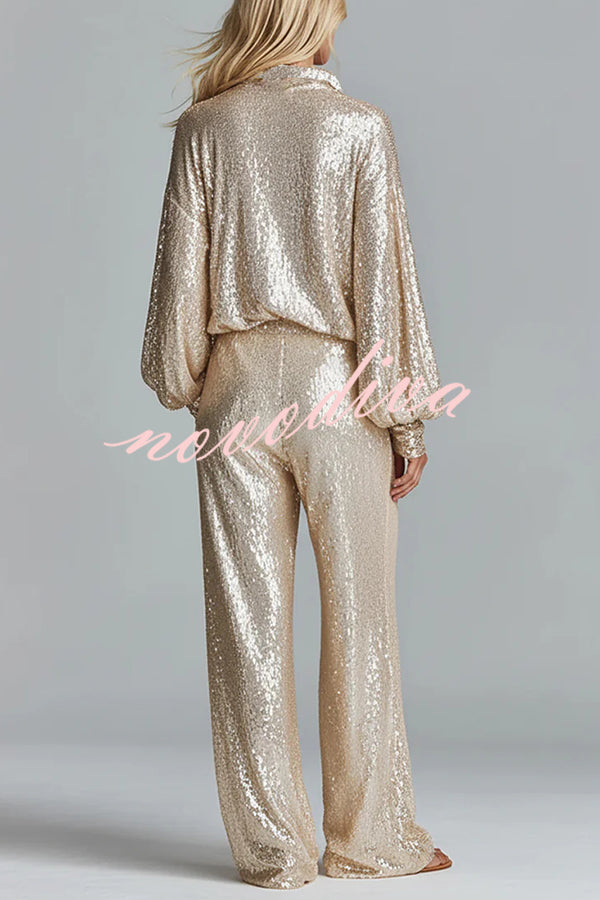 Glamorous Day Sequin Half Zip Loose Shirt and Elastic Waist Pocket Wide Leg Pants Set