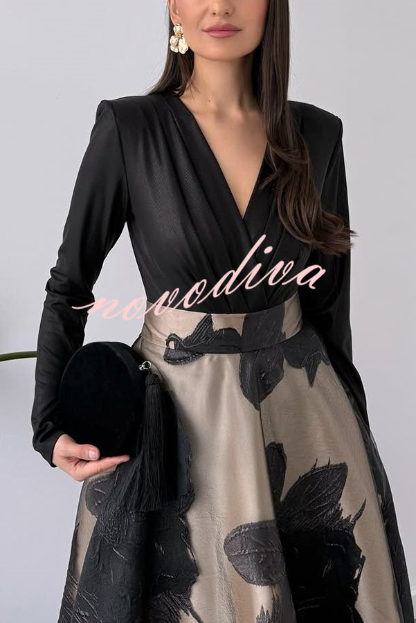 Chic Celebration Glossy Fabric Pleated V-neck Long Sleeve Stretch Bodysuit