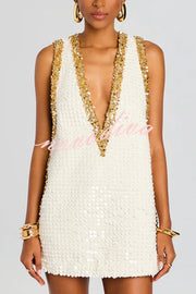 Cocktail Charm Sequin Colorblock Trim V-neck Sleeveless A-line Mini Dress