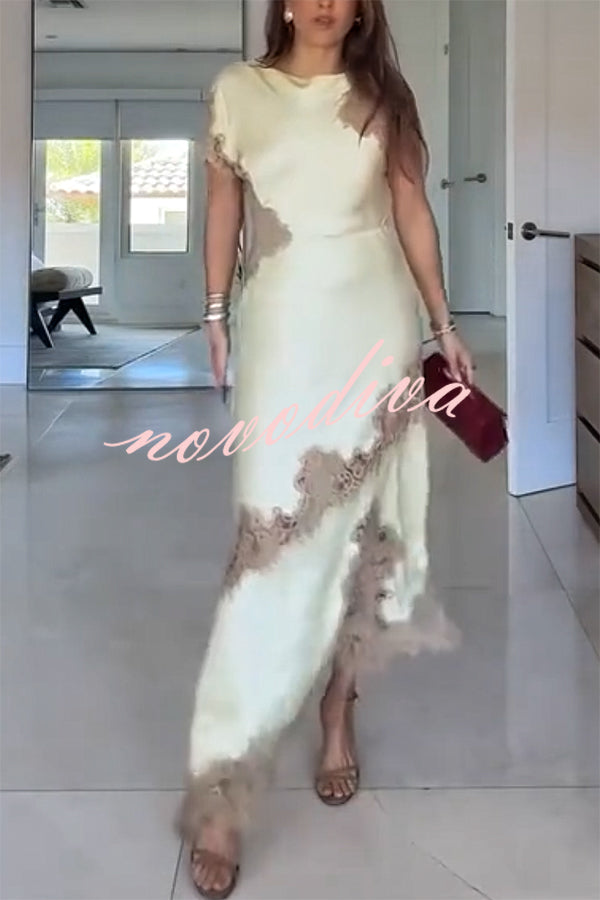 Paris Dream Satin Lace Trim Irregular Design Drape Maxi Dress