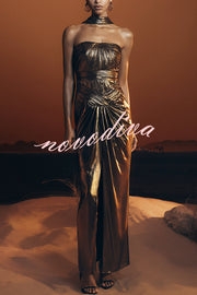 Clemence Plisse Metallic Fabric Reverse Halter Beck Strap Drape Slit Maxi Dress