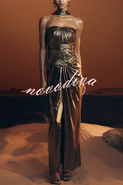 Clemence Plisse Metallic Fabric Reverse Halter Beck Strap Drape Slit Maxi Dress