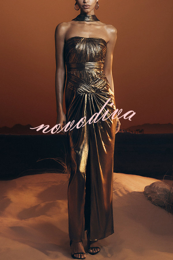 Clemence Plisse Metallic Fabric Reverse Halter Beck Strap Drape Slit Maxi Dress