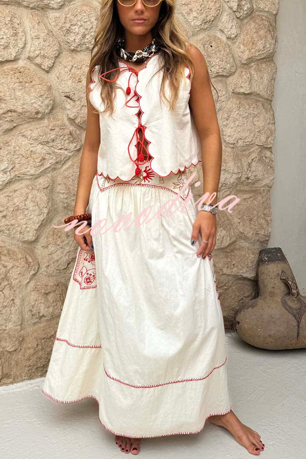 Sunny Day Linen Blend Contrast Embroidered Print Scallop Trim Lace-up Top