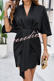 Solid Color V-Neck Half Sleeve Casual Irregular Mini Dress