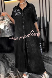 Fashion Letter Print Lapel Cardigan Loose Maxi Dress