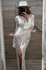 Garcelle Floral Lace Lace-up Long Bell Sleeve Slit Midi Dress