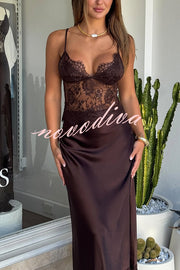 Elegant Evening Satin Lace Patchwork See-through Waist Slip Maxi Dress