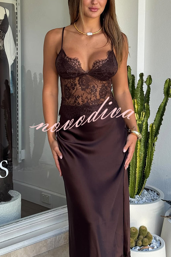 Elegant Evening Satin Lace Patchwork See-through Waist Slip Maxi Dress