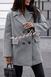 Fashion Stripe Print Lapel Pocket Coat