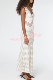 Wonderful Fusion Satin Lace Trim Poka Dot V-neck Drape Maxi Dress