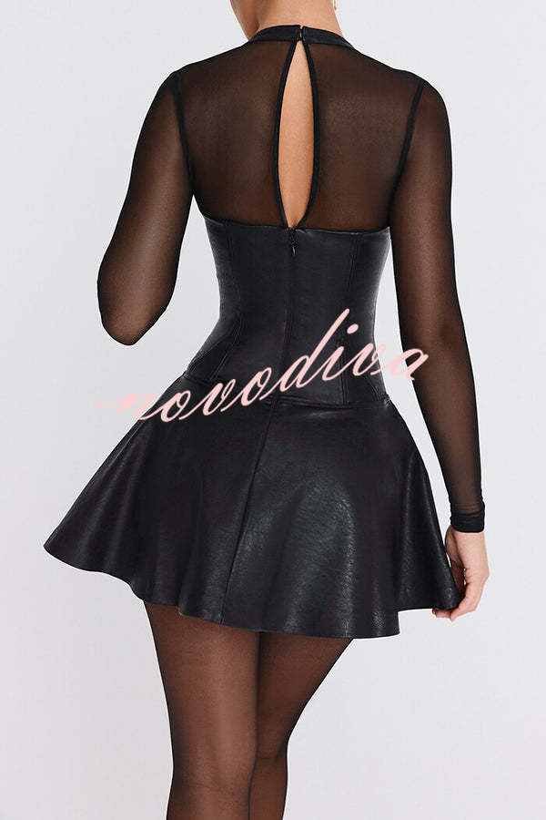 Fun and Flirty Faux Leather Mesh Sleeve Stretch Mini Dress