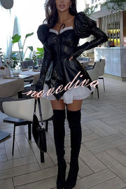 Fashionable Contrast Color Square Neck Long Sleeve Ruffle Hem Mini Dress