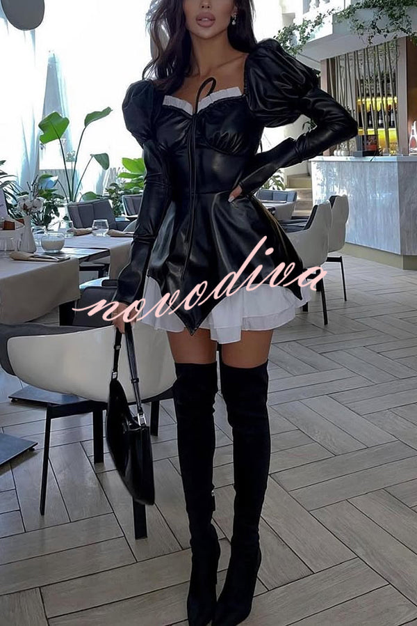 Fashionable Contrast Color Square Neck Long Sleeve Ruffle Hem Mini Dress