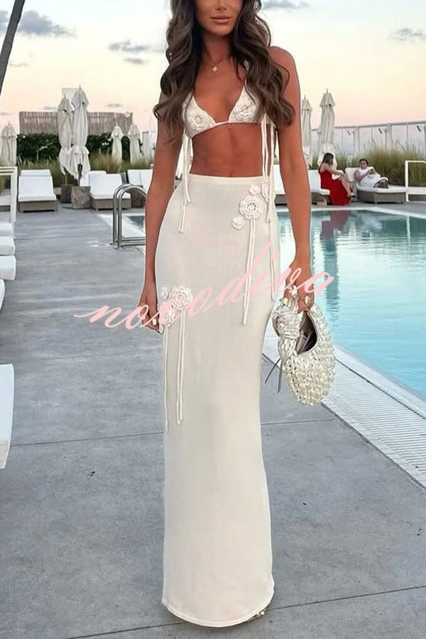 Sexy Crochet Floral Halter Top and Stretch Knit Beach Cover Up Skirt Set