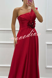 Nasha Satin Pleated One Shoulder Petal Gemstone Detail Pocket Slit Maxi Dress