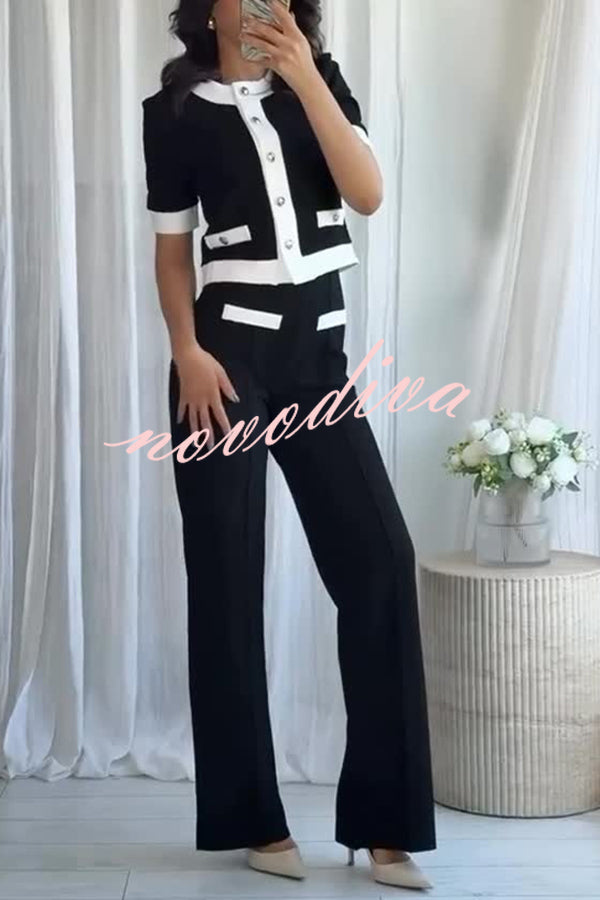 Fashion Contrast Color Stretch High Waist Casual Straight Pants