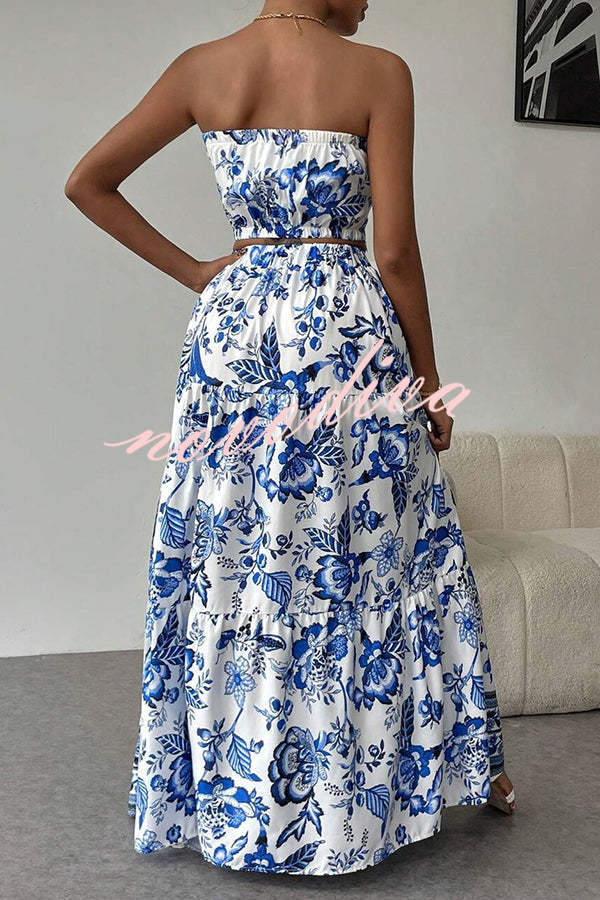 Floral Print Cutout Bandeau Top and Elastic Waist Full Maxi Skirt Set