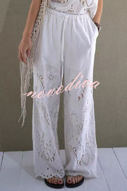 Linen Blend Solid Color Embroidered Hollow Loose Vest and Elastic Waist Casual Pocket Wide Leg Pants Set