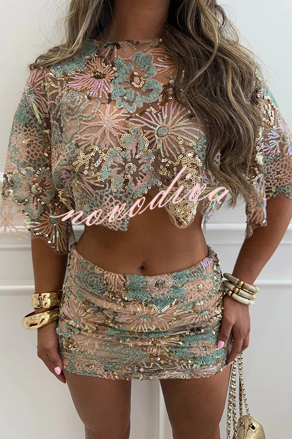 Fashionable Embroidered Flower Sequined Crop Top and Hip-hugging Mini Skirt Set