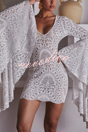 Coachella Time Unique Lace Pattern Oversized Bell Sleeve Stretch Mini Dress