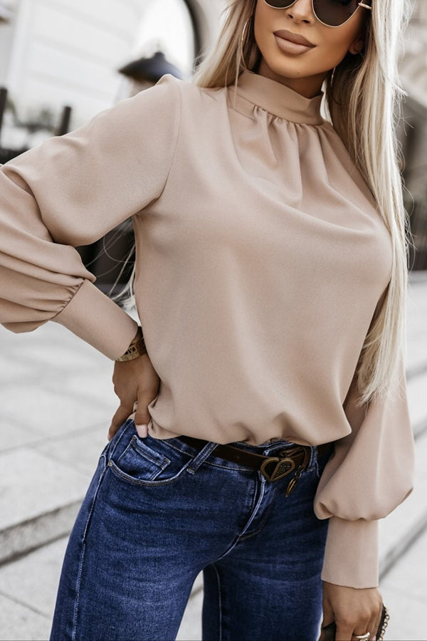 Solid Color Loose and Elegant High Collar Long Sleeve Shirt