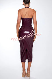 Fantasy Silhouette Shiny Faux Leather Halter Neck Stretch Midi Dress