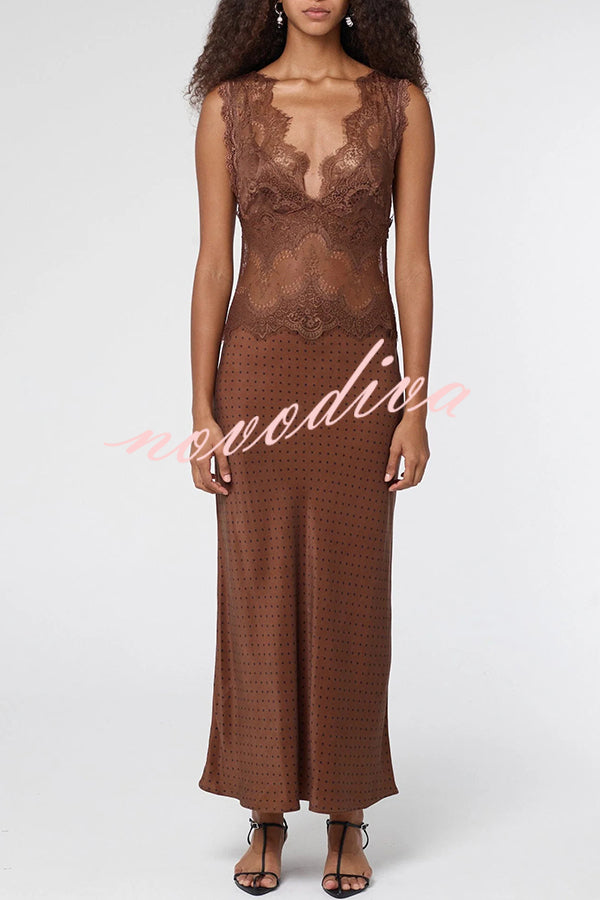 Wonderful Fusion Satin Lace Trim Poka Dot V-neck Drape Maxi Dress