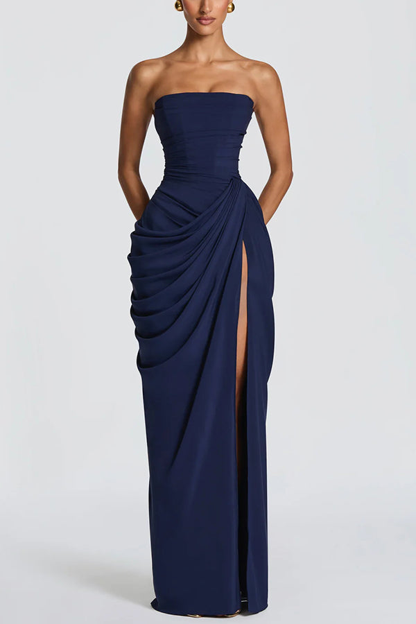 tresa pleated maxi dress with slit TRESA PLEATED MAXI DRESS WITH SLIT in GOLD