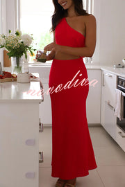 Solid Color Sexy One Shoulder Off Waist Maxi Dress