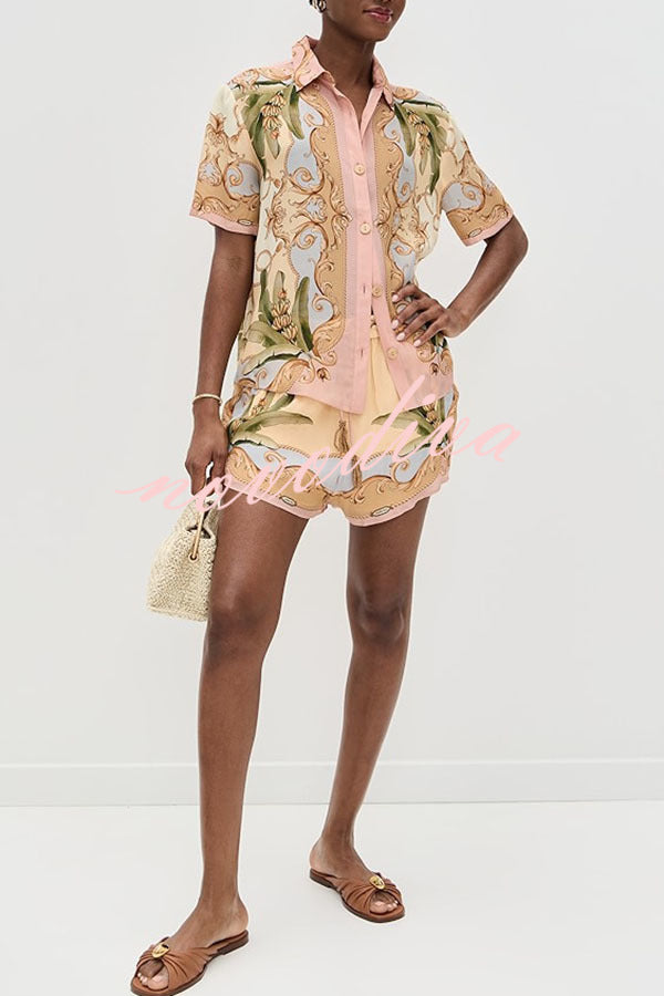 Royalty Unique Print Button Up Short Sleeve Shirt and Elastic Waist Pocketed Loose Shorts Set