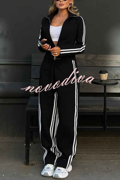 Fashionable Sports Style Striped Long-sleeved Jacket and Elastic Waist Casual Pants Set