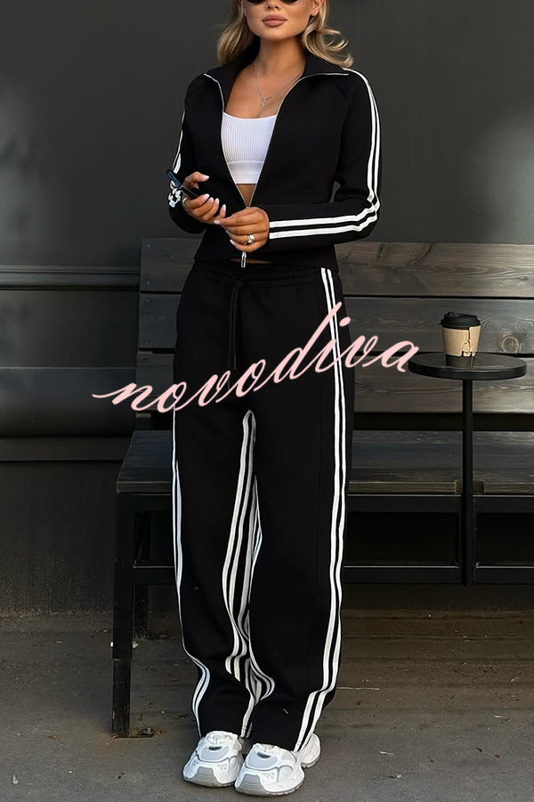 Fashionable Sports Style Striped Long-sleeved Jacket and Elastic Waist Casual Pants Set