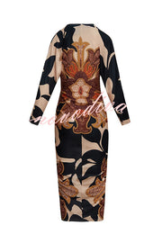 Verra Unique Print Dolman Long Sleeve Ruched Slit Midi Dress