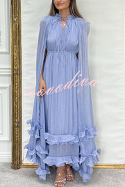 Fashionable V-neck Lace-up Ruffled Double-layer Hem Maxi Dress